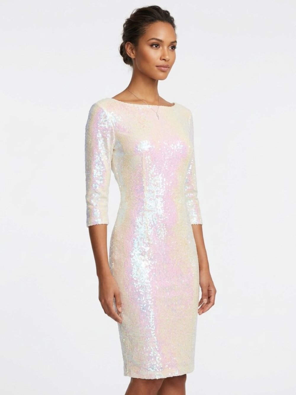 Sz L Tobi Iridescent Sequin Sheath Dress - White/Pale Pink